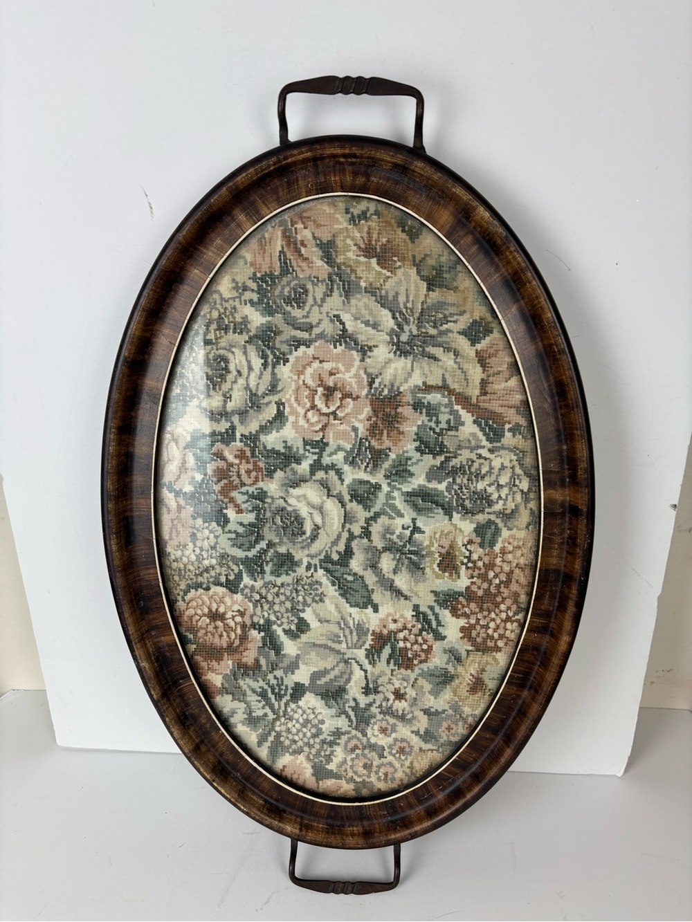 Antique Oval Wood Tray w/ Floral Print Tapestry Under Glass